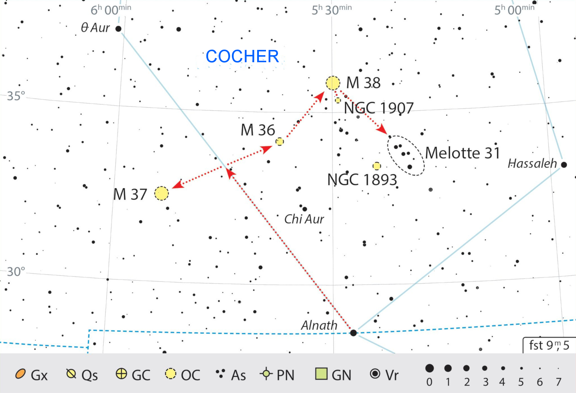 Au sud de la constellation du Cocher se trouvent quelques amas d’étoiles intéressants, proches les uns des autres et pouvant également être explorés avec les jumelles. J. Scholten